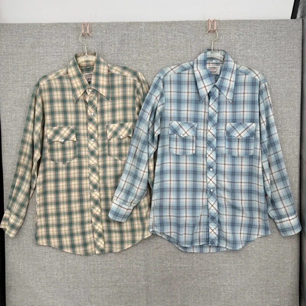 Vintage 80's Levis Western Pearl Snap Shirt Mens M Plaid Long Sleeve Country